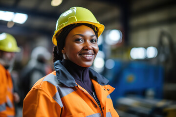 Portrait of black african american woman engineer worker in yellow helmet working in factory facility.