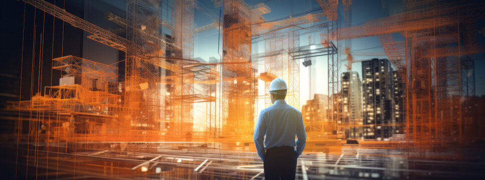 The future of construction - Future building construction engineering project concept. Building engineer, architect people or construction worker working with modern civil equipment technology