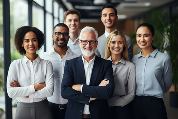 Fototapeta premium Successful multiethnic and multi-generation group of business people looking at camera. Diverse group of people team standing with crossed arms in the office.