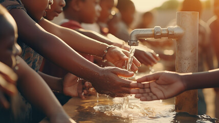Many young children in Africa reach out Drink water to quench your thirst. At the village water station faucet flowing down dry land holding hands drinking water Drought. Generative AI