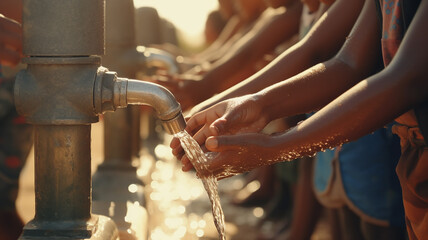 Many young children in Africa reach out Drink water to quench your thirst. At the village water station faucet flowing down dry land holding hands drinking water Drought. Generative AI - obrazy, fototapety, plakaty