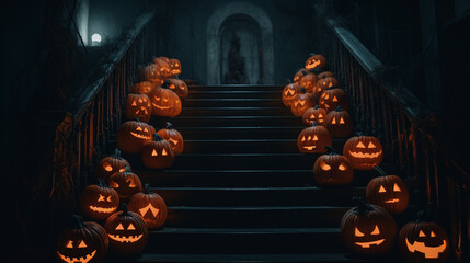 Staircase of Shadows: Sinister Halloween Scene, Generative AI