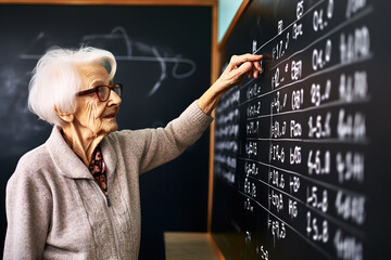 Wrinkled senior woman teaching mathematics while standing near the whiteboard and gesturing with hand. - obrazy, fototapety, plakaty