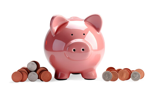 Classic Pink Money Box Pig with coins near it, isolated on white background, accumulation of money concept, realistic design illustration, generative ai