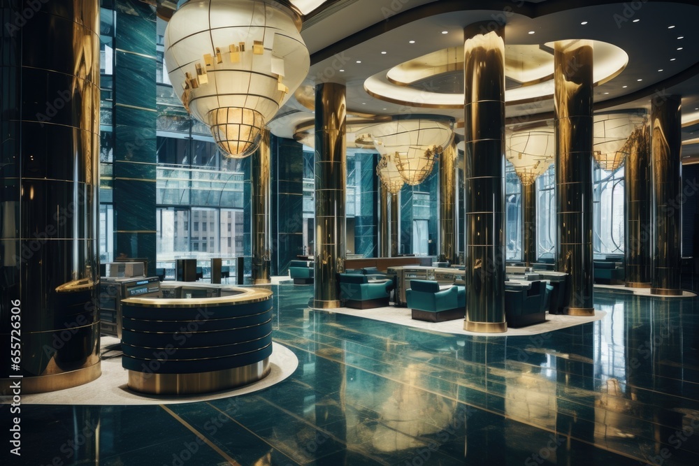 Poster A grand room with numerous columns and a stunning chandelier. Perfect for adding an elegant touch to any project or design.