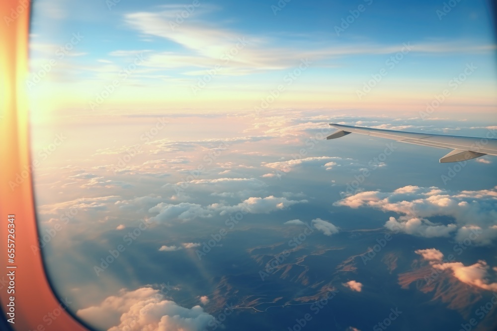Aufkleber a captivating view of the sky as seen through the window of an airplane. perfect for travel-related 