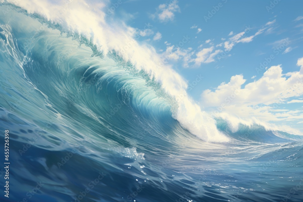 Poster A powerful and captivating image of a large wave breaking in the ocean. Perfect for use in nature, travel, or adventure-themed projects.