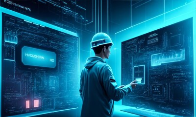 Engineer in Futuristic Data Center. Surveillance Center illustration. Digital Work Environment.