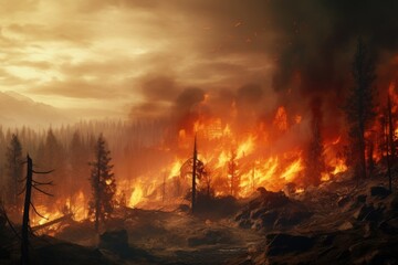 A fire burning in the middle of a forest. This image can be used to depict a dangerous wildfire or a controlled burn for land management purposes. - obrazy, fototapety, plakaty