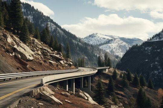 A car is pictured driving on a scenic mountain road. This image can be used to depict adventure, travel, or a scenic drive.