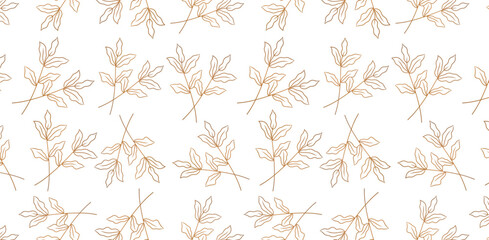 Seamless hand drawn golden leaves minimal pattern. Wedding invitation, textile print, banners, print design golden template background. 