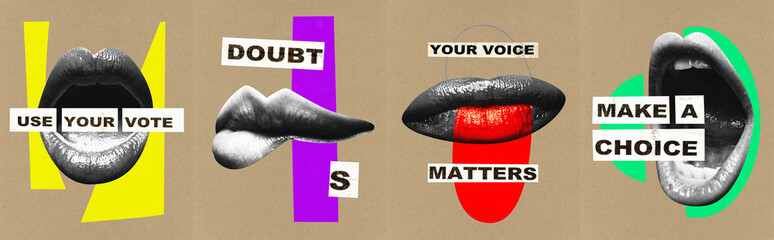 Poster. Contemporary at collage. Cropped monochrome mouth with inscriptions of beginning voting...