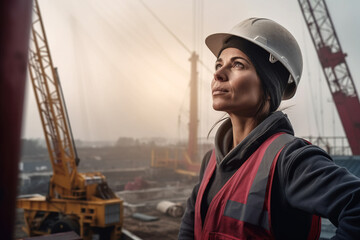 Confident female construction worker in a helmet against a backdrop of massive building site and cranes. Copy space