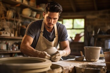 A young male ceramist on a potter's wheel produces pottery. Small business, eco-friendly production.  