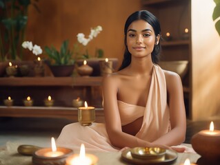 Obraz na płótnie Canvas Celebrate Skincare Essence with Enchanting Indian Girl Experiencing Soothing Effects in Zen-inspired Setting