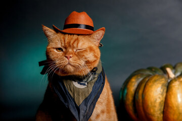 Close-up portrait of red cat cowboy near big pumpkin on black background. Halloween banner.