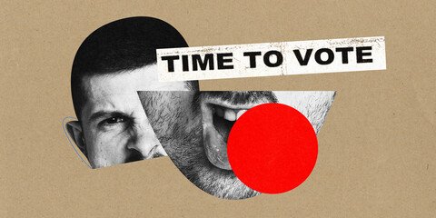 Poster. Contemporary at collage. Cropped monochrome human face, mouth with inscription time to vote over craft brown background.