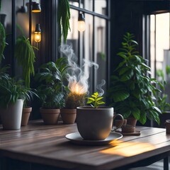 Coffee Cup with Coffee Plant Inside in a Cozy Green Cafe Environment.