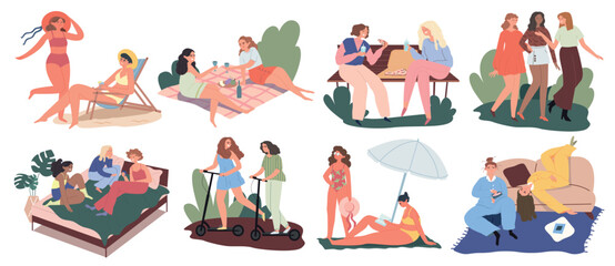 Collection happy women relaxing while enjoying the good weather. Vacation with friends at sea, at home, on a picnic. Spending time with loved ones outdoors. Vector flat illustration hand drawn.