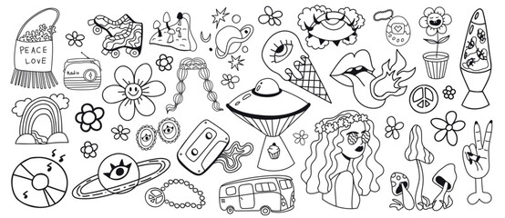 Collection retro hippie 70s hand drawn. Nice nostalgic vintage. Doodle style. Line art design element. Vector black and white illustration isolated on white background. Comic clipart.