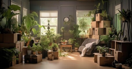 Fototapeta na wymiar Cardboard boxes and house plants in the room
