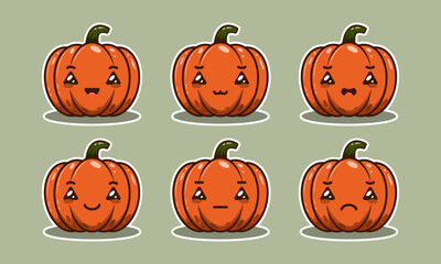 Kawaii Halloween Pumpkin Vector Set – Cute Jack-o’-Lantern Faces in Cartoon Style for Kids Crafts and Fall Decor