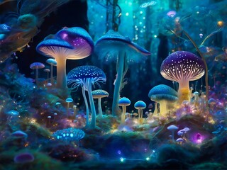 Fototapeta na wymiar The life of mushrooms and spores. Magic Mushrooms in the Forest. The Spiritual Fungi