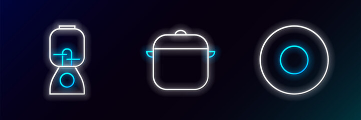 Set line Plate, Blender and Cooking pot icon. Glowing neon. Vector