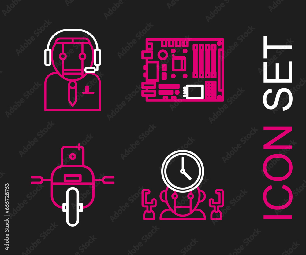 Poster set line robot and digital time manager, electronic computer components motherboard chip and worker 