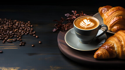 Coffee cup and croissants on dark wooden background.