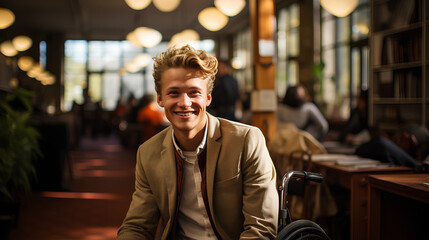 Portrait of a young man sitting in wheelchair in a cafe and smiling.