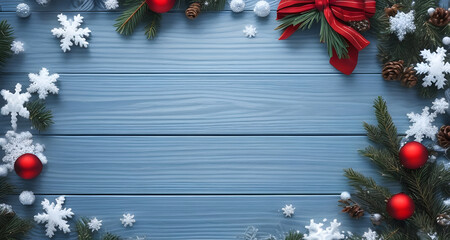Fototapeta na wymiar Creative christmas background. Christmas tree made of snow with handmade natural decorations on a blue wooden board-AI Generated