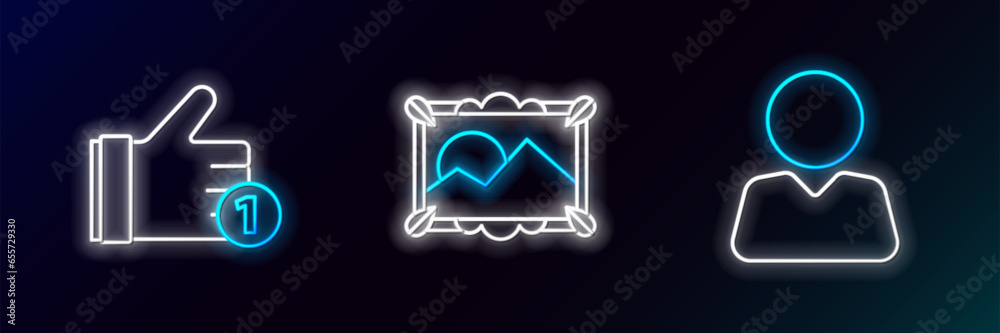 Poster Set line Add to friend, Hand like and Picture landscape icon. Glowing neon. Vector