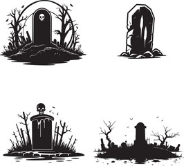 Black cartoon silhouettes Vector set Halloween stickers gravestones collection with evil tree and bats isolated on white background 