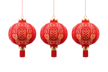 Fototapeten Three Red Chinese Lunar New Year Prosperity Paper Lantern transparent on a cutout PNG transparent background © Ivan Guia