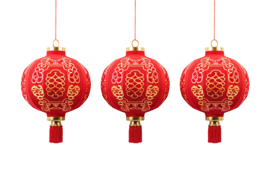 Three Red Chinese Lunar New Year Prosperity Paper Lantern transparent on a cutout PNG transparent background