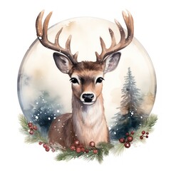 Charming Watercolor Christmas Snow Globe Clipart of Reindeer with Holiday Wreath