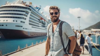 Attractive man tourist near big cruise liner in port - obrazy, fototapety, plakaty