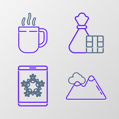 Set line Mountains, Christmas on smartphone and snowflake, Gift box bag and Coffee cup icon. Vector