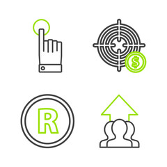 Set line Growth chart and progress in people crowd, Registered Trademark, Target with dollar symbol and Hand touch tap gesture icon. Vector