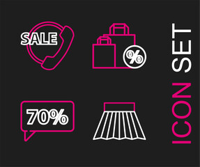 Set line Skirt, Seventy discount percent tag, Shoping bag with and Telephone 24 hours support icon. Vector