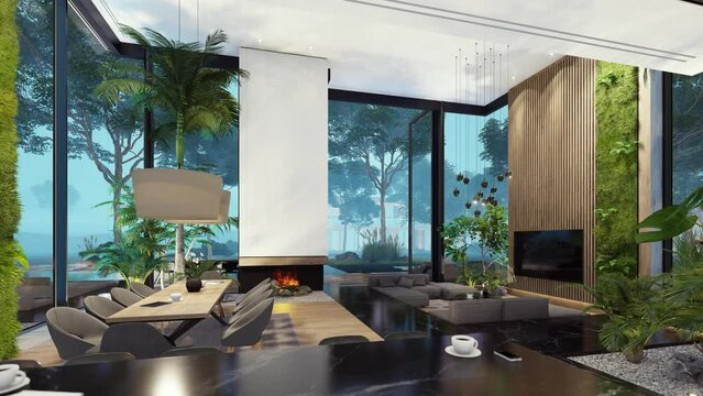 4K rendering of expensive cozy interior with green walls with living dining zone stair and kitchen for sale or rent. Warm interior lighting combined with cold light from night street