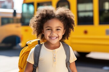 Cheerful 5-Year-Old Girl in Blank White T-Shirt with Yellow School Bus in Background - obrazy, fototapety, plakaty