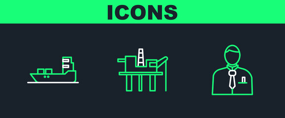 Set line Businessman or stock market trader, Oil tanker ship and platform the sea icon. Vector