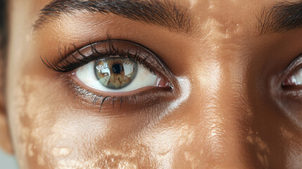 Close-up view shot of young adult african woman with vitiligo skin. Diversity and people concept.