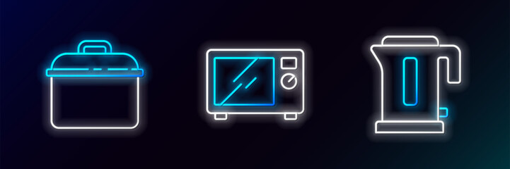 Set line Electric kettle, Cooking pot and Microwave oven icon. Glowing neon. Vector