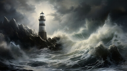 A dramatic, stormy seascape with crashing waves and a lone lighthouse standing tall against the turbulent weather, guiding ships to safety.