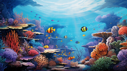 Fototapeta na wymiar An underwater world teeming with marine life. Coral reefs in various colors and shapes stretch as far as the eye can see, and schools of tropical fish swim gracefully among them