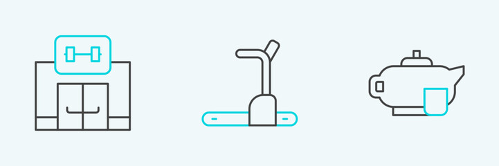 Set line Teapot with cup, Gym building and Treadmill machine icon. Vector
