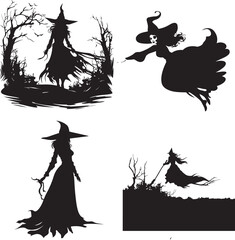 Silhouette witch in hat  Halloween vector icon illustration Halloween witch isolated on white background  